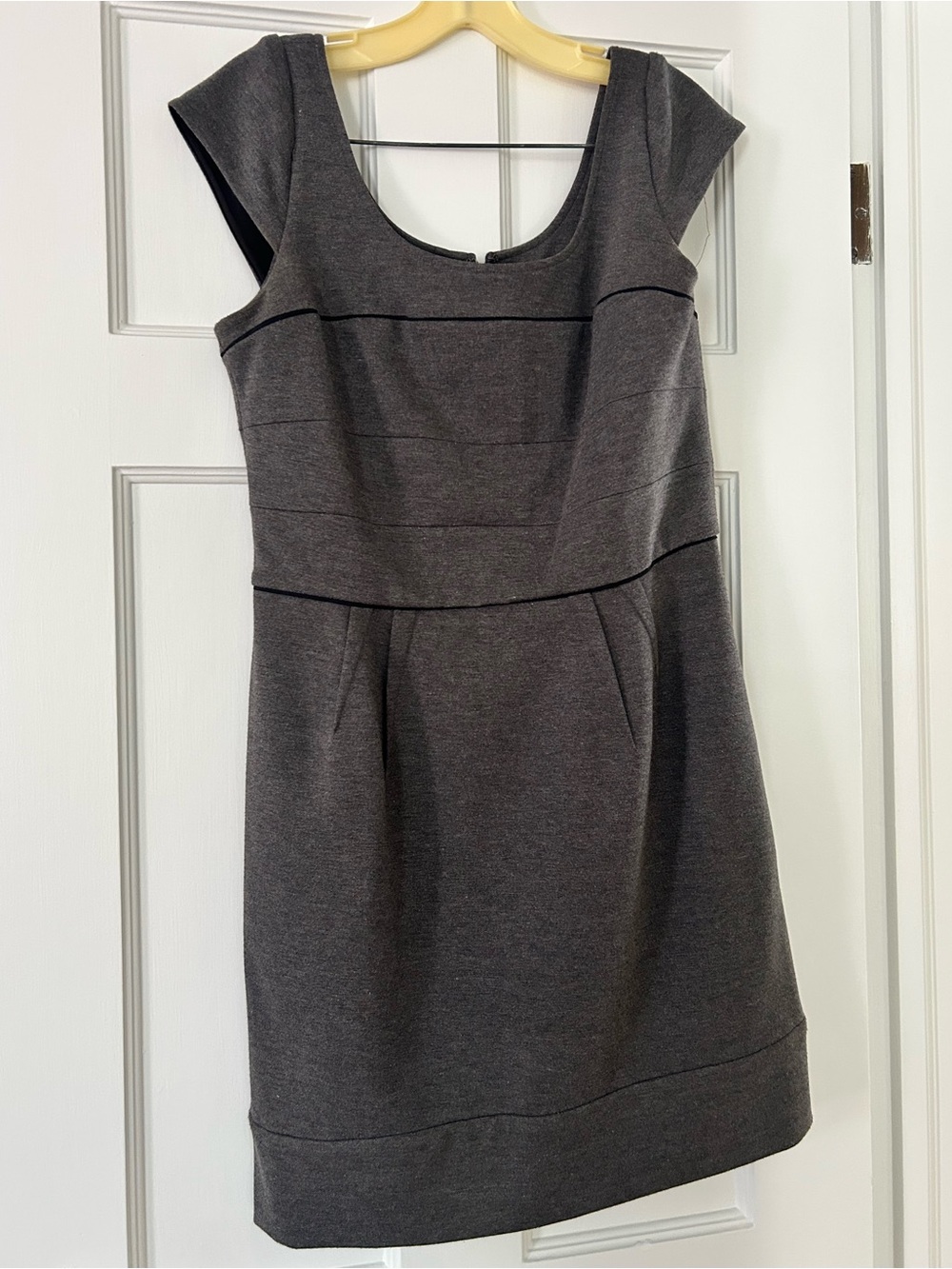 Classic Gray Cap-Sleeve Dress with black piping detail.